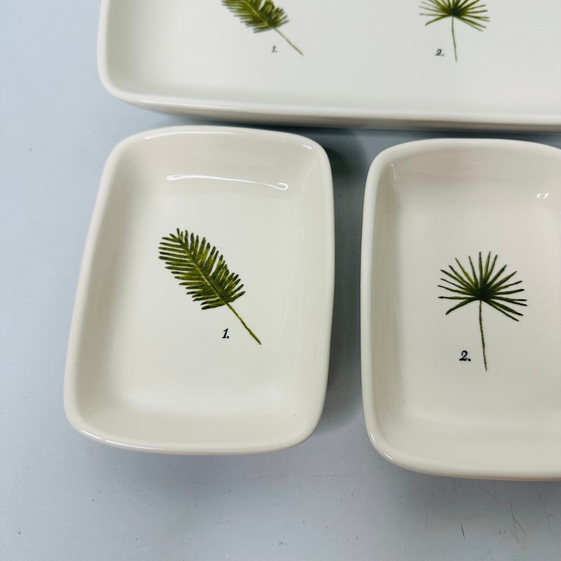 Botanical Palm Leaf Ceramic Serving Set Platter and 3 Appetizer Trays Green gallery