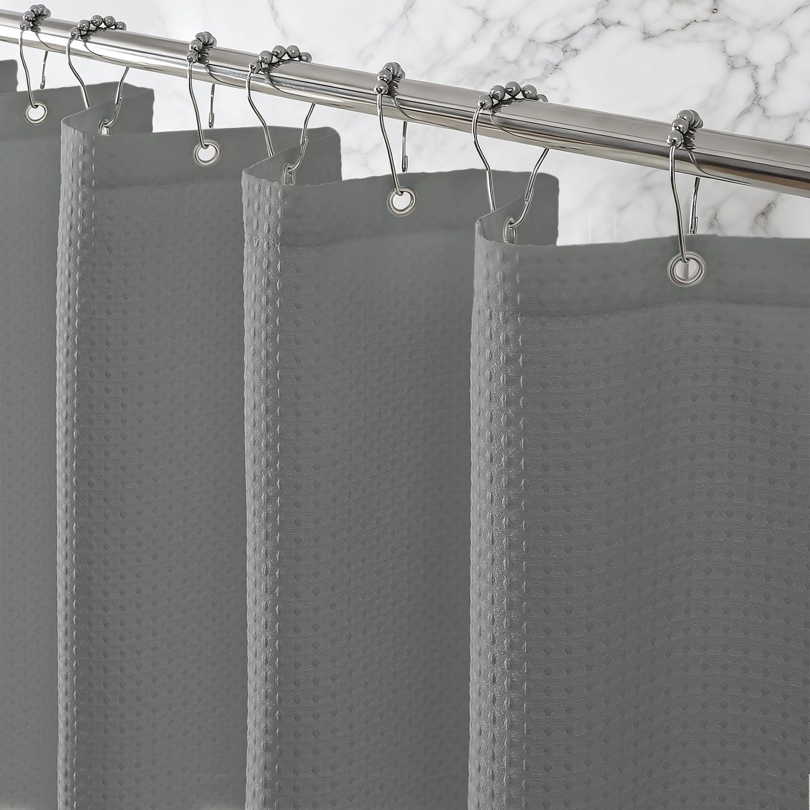 Waterproof Waffle Shower Curtain, 260GSM Heavy Duty Fabric with 12 Stainless ... gallery