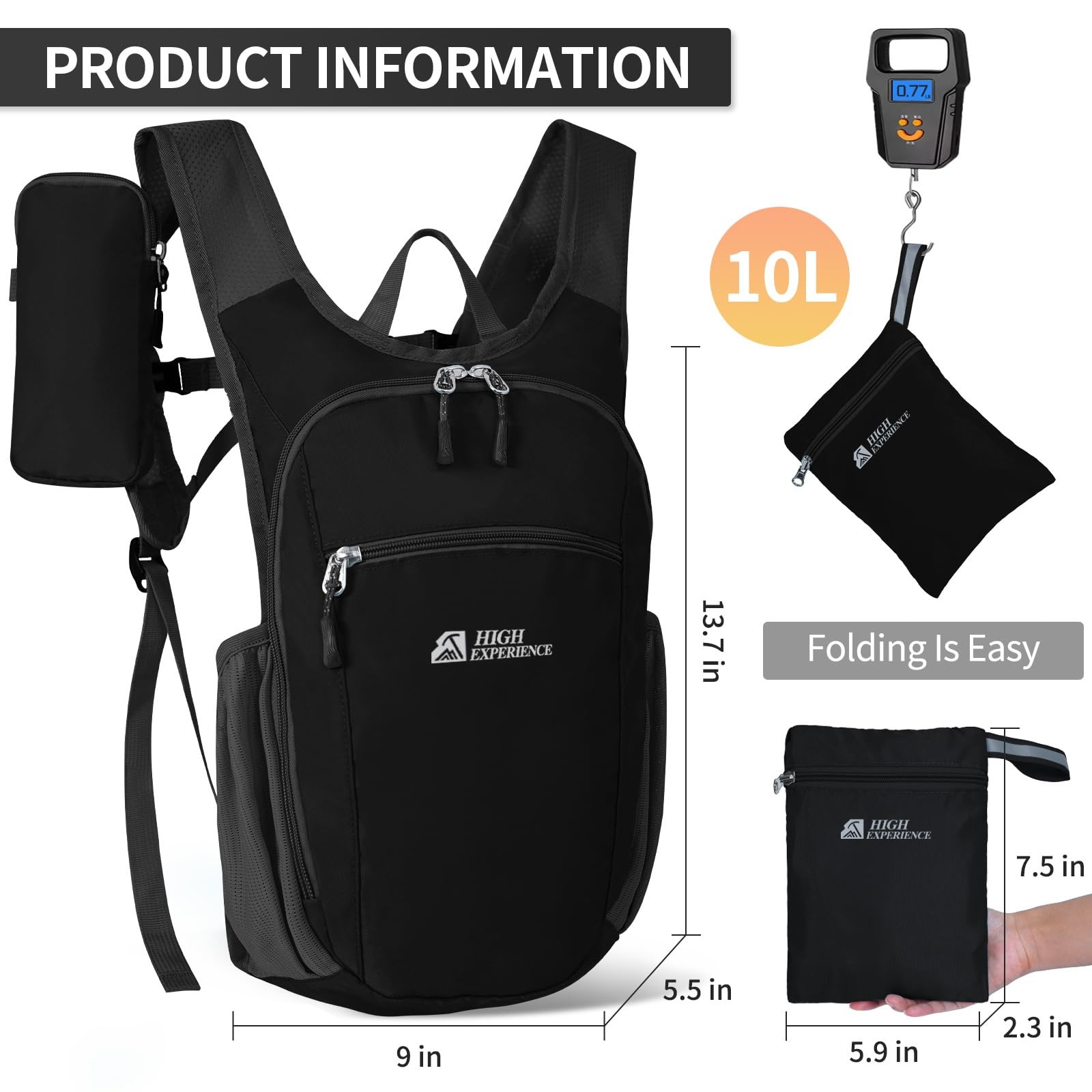 10L Black Small Daypack Lightweight Packable Travel Foldable Backpack Men 3