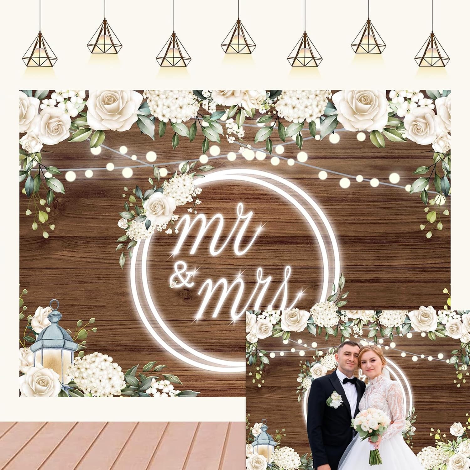 Mr & Mrs Wedding Backdrop Banner White Rose Floral Wooden Wall Glitter Lights gallery