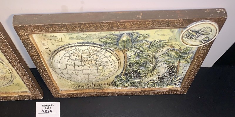 2 Globe Safari Map Ceramic Embossed Wall Art Plaques Tina Chaden ARTIQUE Vintage gallery