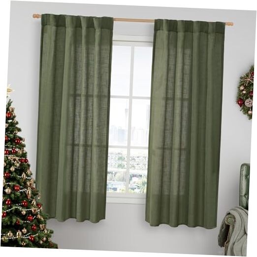 Semi Sheer Linen Curtains, Light Filtering 34"W x 63"L (Pack of 2) Olive Green gallery