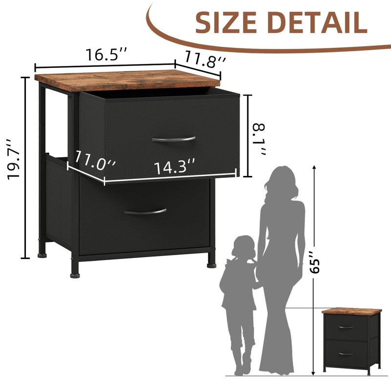 Nightstand 2 Drawer End Table Bedside Storage Fabric Bins Rustic Brown Black gallery