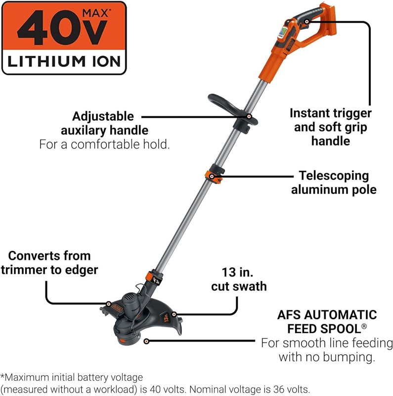 BLACK+DECKER 40V MAX 13 in String Trimmer Edger Cordless with Adjustable Telesco gallery