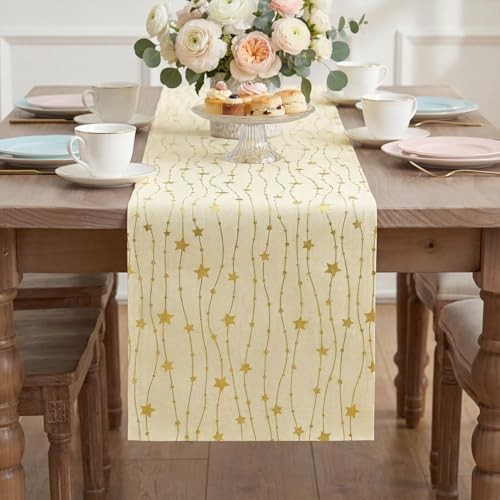 Gold Stars Burlap Table Runner 12x108 Inch, Glitter Metallic 12" x 108" Beige gallery