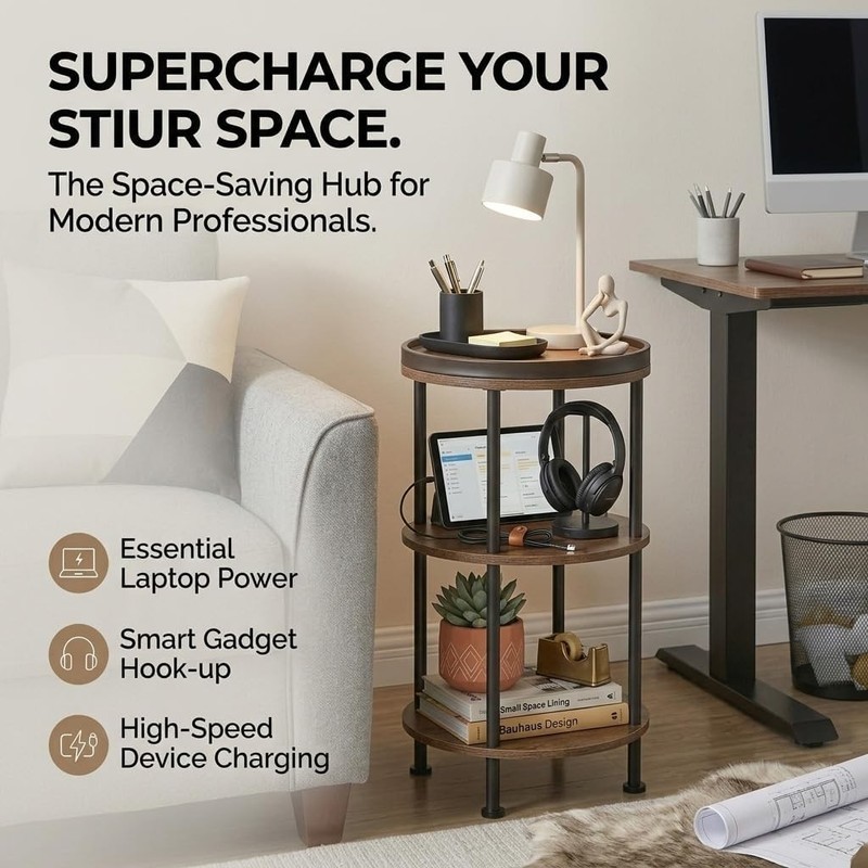 Small Round Side Table W/ Charging Station Small Spaces 3-Tier Round Accent gallery