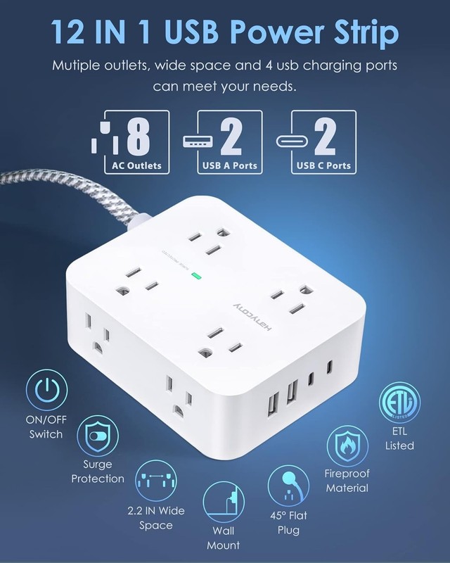 Space-Saving 6Ft Surge Protector with 8 Outlets & Dual USB-C Ports for Home Use gallery
