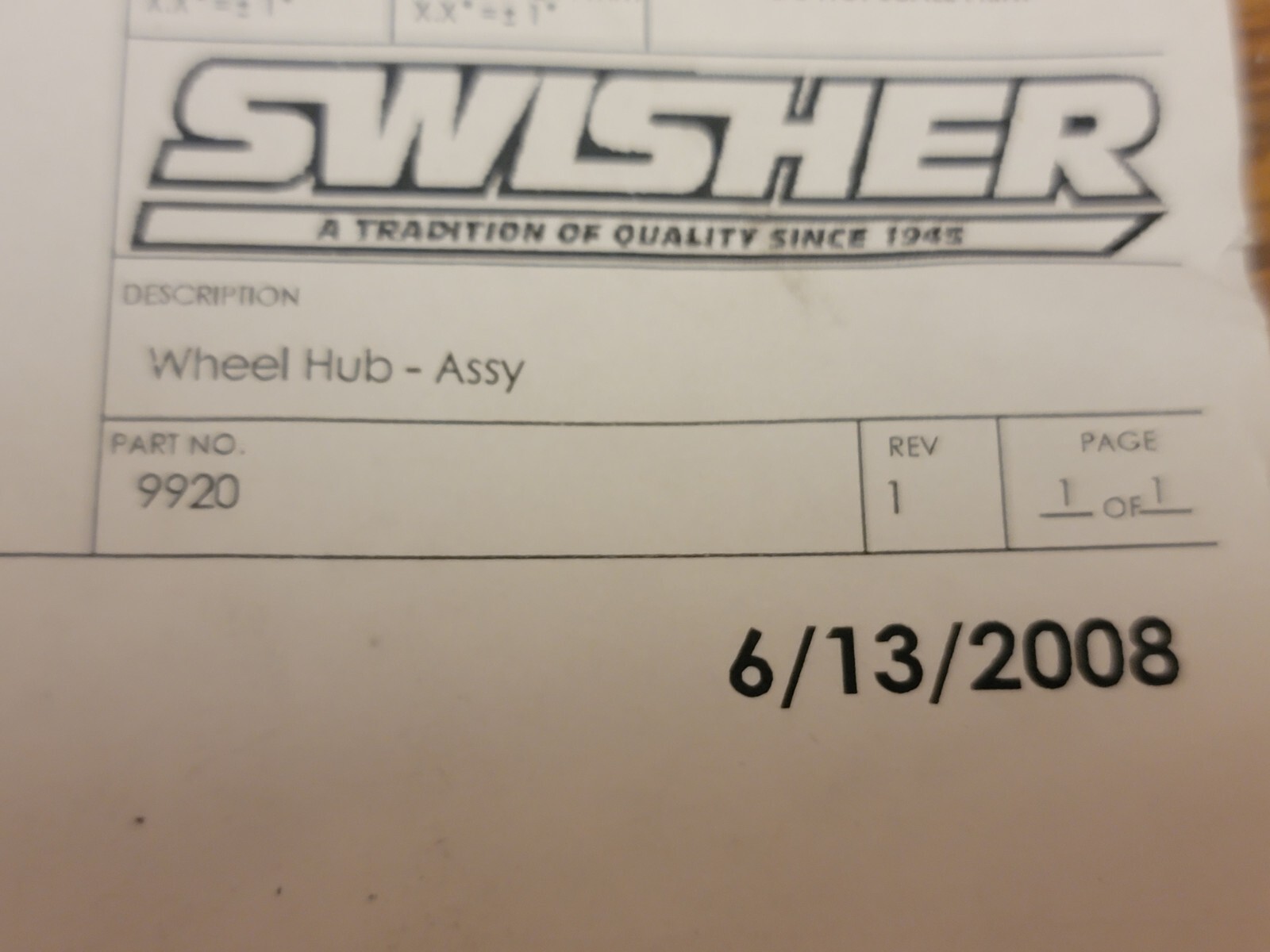 Swisher 9920 - Wheel Hub Assembly - 1" Axle - 3 Inch Bolt Pattern - Black - OEM gallery