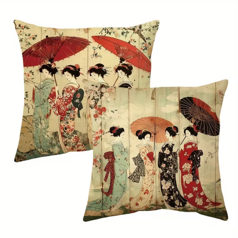 Beautiful 2 PC SET GEISHA Pillow Covers 18"x18" inch Luxury Home Decor Japan gallery