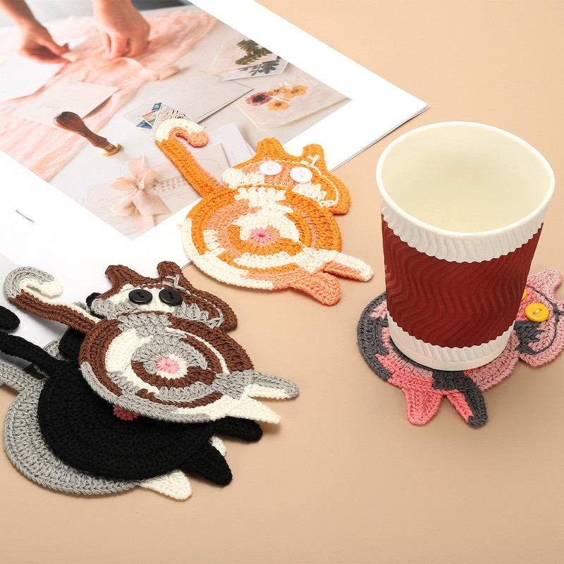 6PCS Cat Coasters, 15CM Cute Coasters Cat Butt Crochet, Black gallery