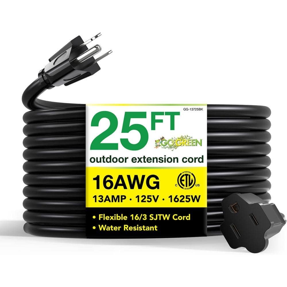 GoGreen Power 25 ft Heavy Duty Extension Cord 16/3 SJTW Black GG-13725BK Outdoor gallery