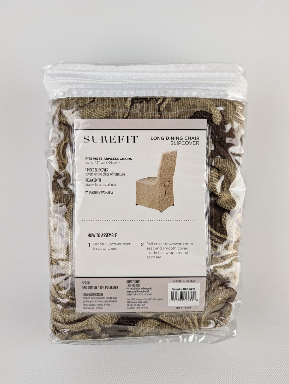 SureFit Scroll Brown Long Dining Chair Slipcover Relaxed Fit Cotton SF36211 New gallery