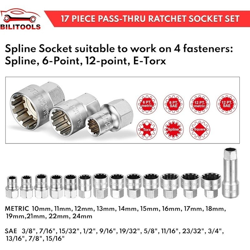 Pass Through Socket Set 19mm Ratchet Wrench Chrome Vanadium Steel 17 Pieces New gallery