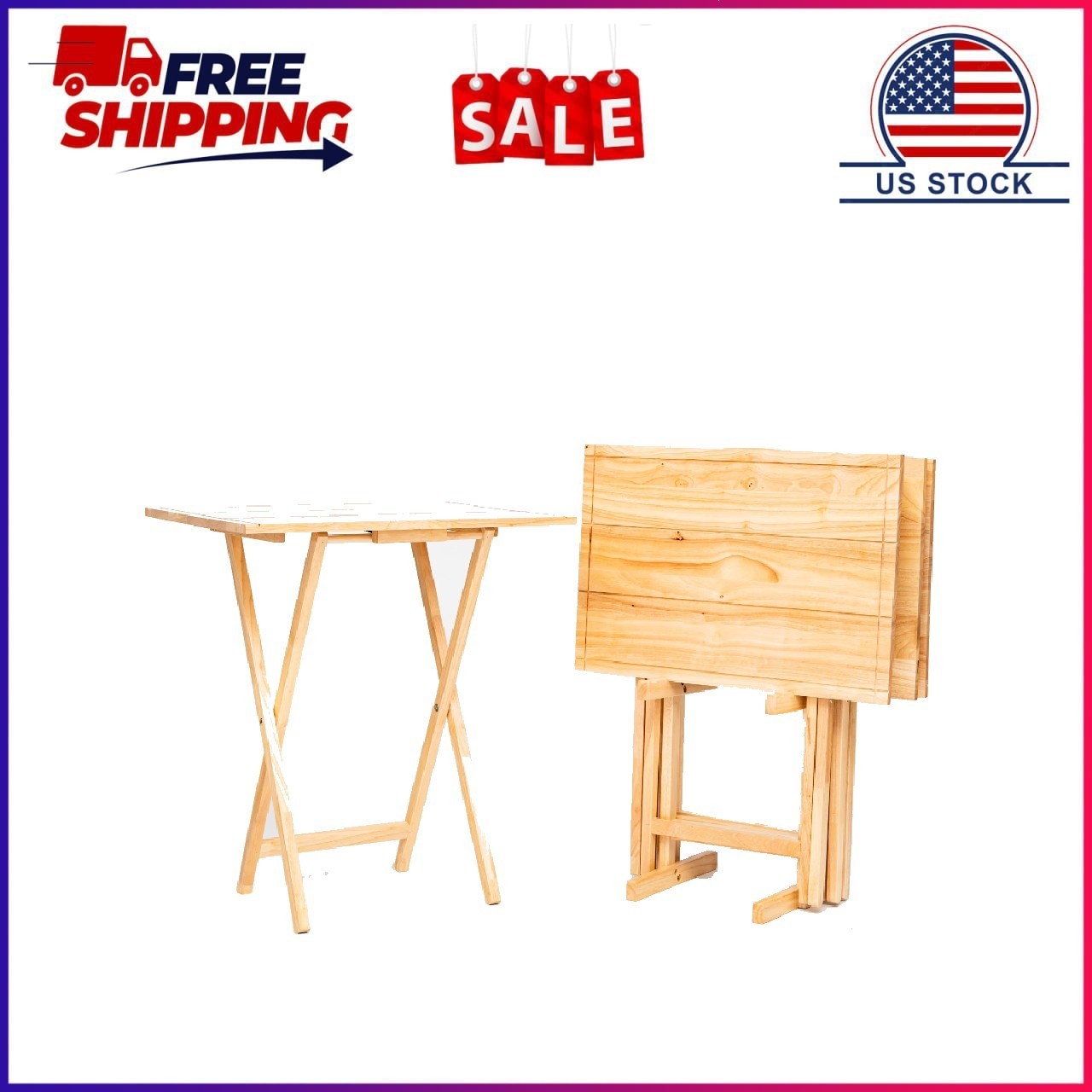 Mainstays Folding XL Oversize TV Tray Set of 4 with Storage Rack, Farmhouse Natu gallery