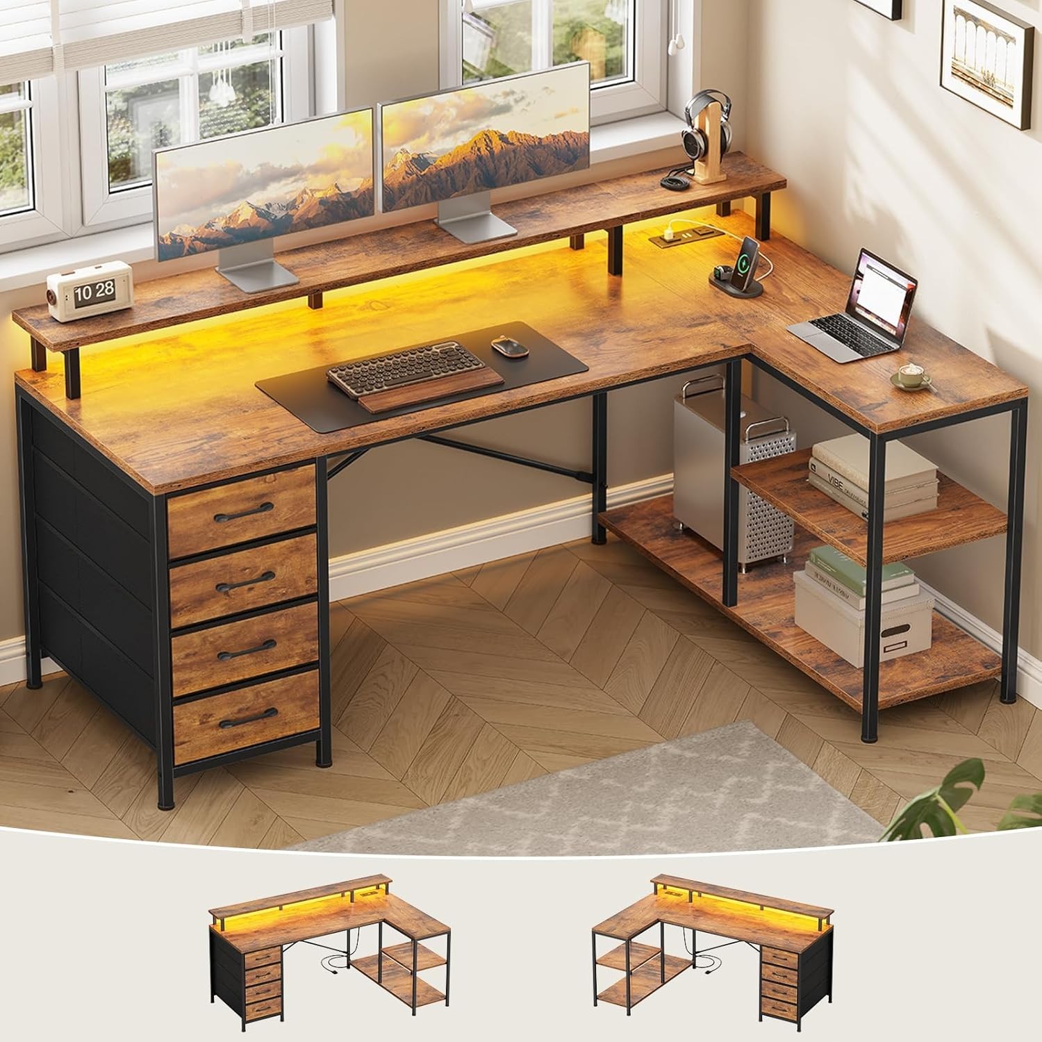 L Shaped Desk with 4 Drawers &Storage Shelves, Corner Computer Desk w/LED Lights gallery