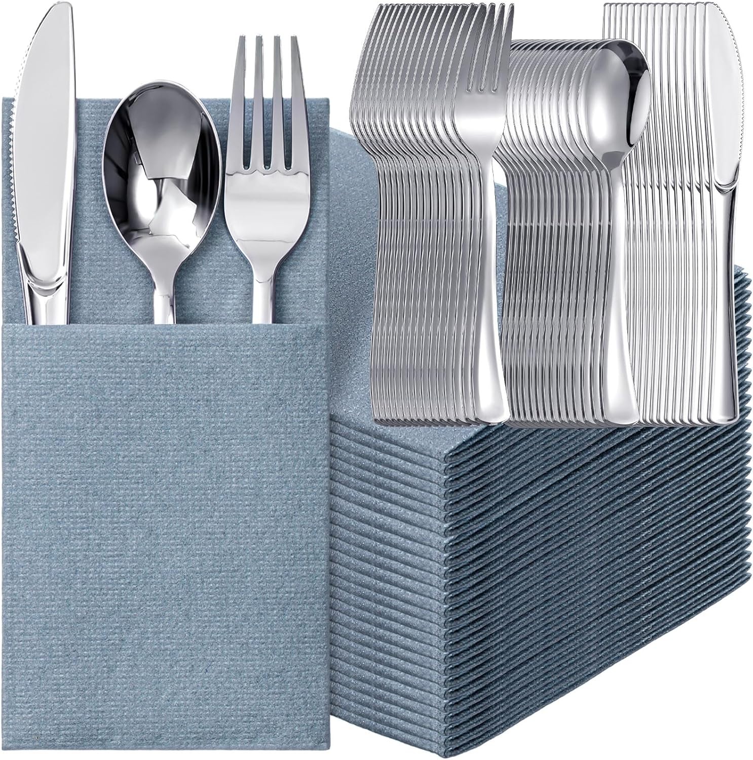 Dusty Blue Disposable Napkins with Silver Plastic Cutlery for Celebrations gallery