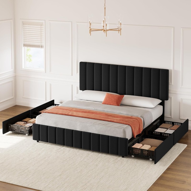 Queen Size Bed Frame with 4 Storage Drawers and Headboard Upholstered Platform gallery