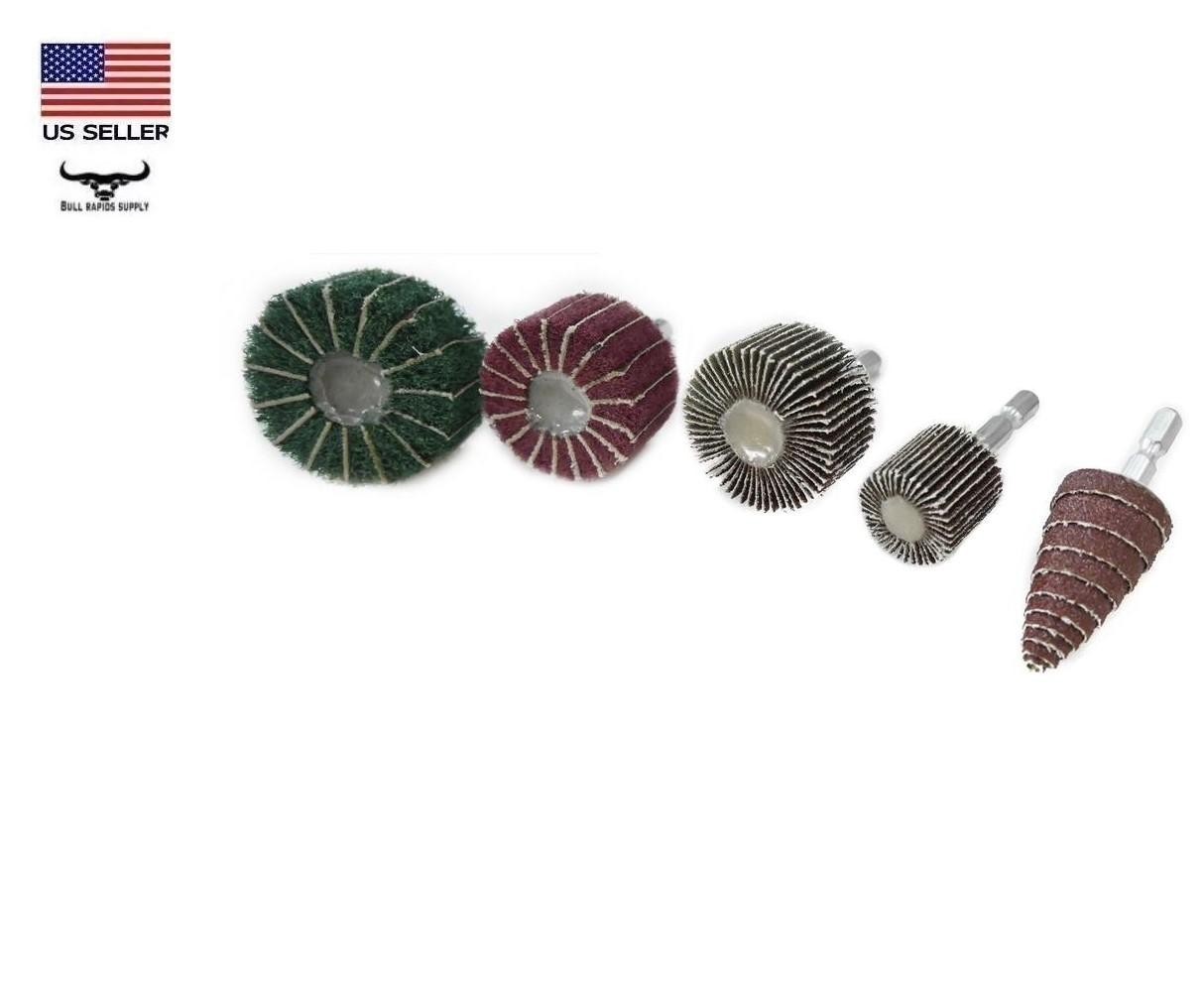 5 Piece Flap Wheel & Cone Sanding Set Drill Drive 1/4" Hex Shank gallery