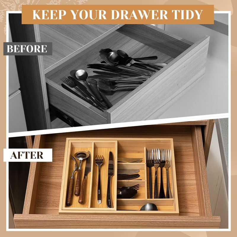 Fiwochic Double Bamboo Kitchen Drawer Organizer, 2-tier Utensil Deep Drawer... gallery