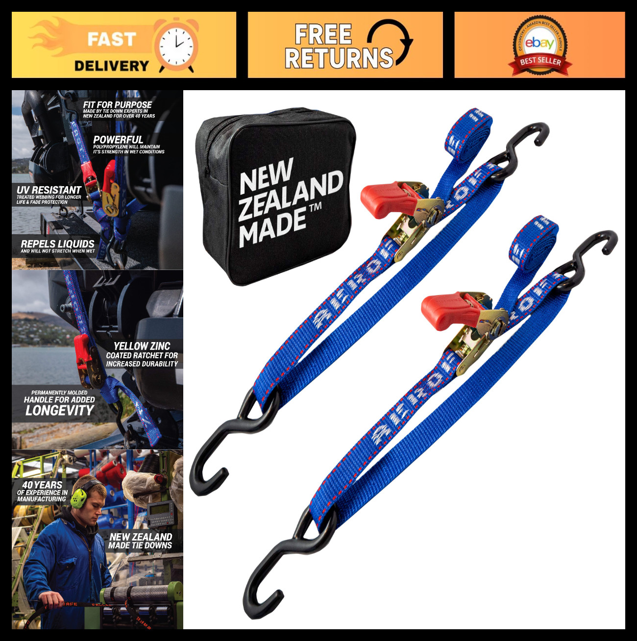 Heavy Duty Ratchet Boat Straps - 2 Pack, 2400lbs Break Strength, 1"x2.5' UV Trea gallery