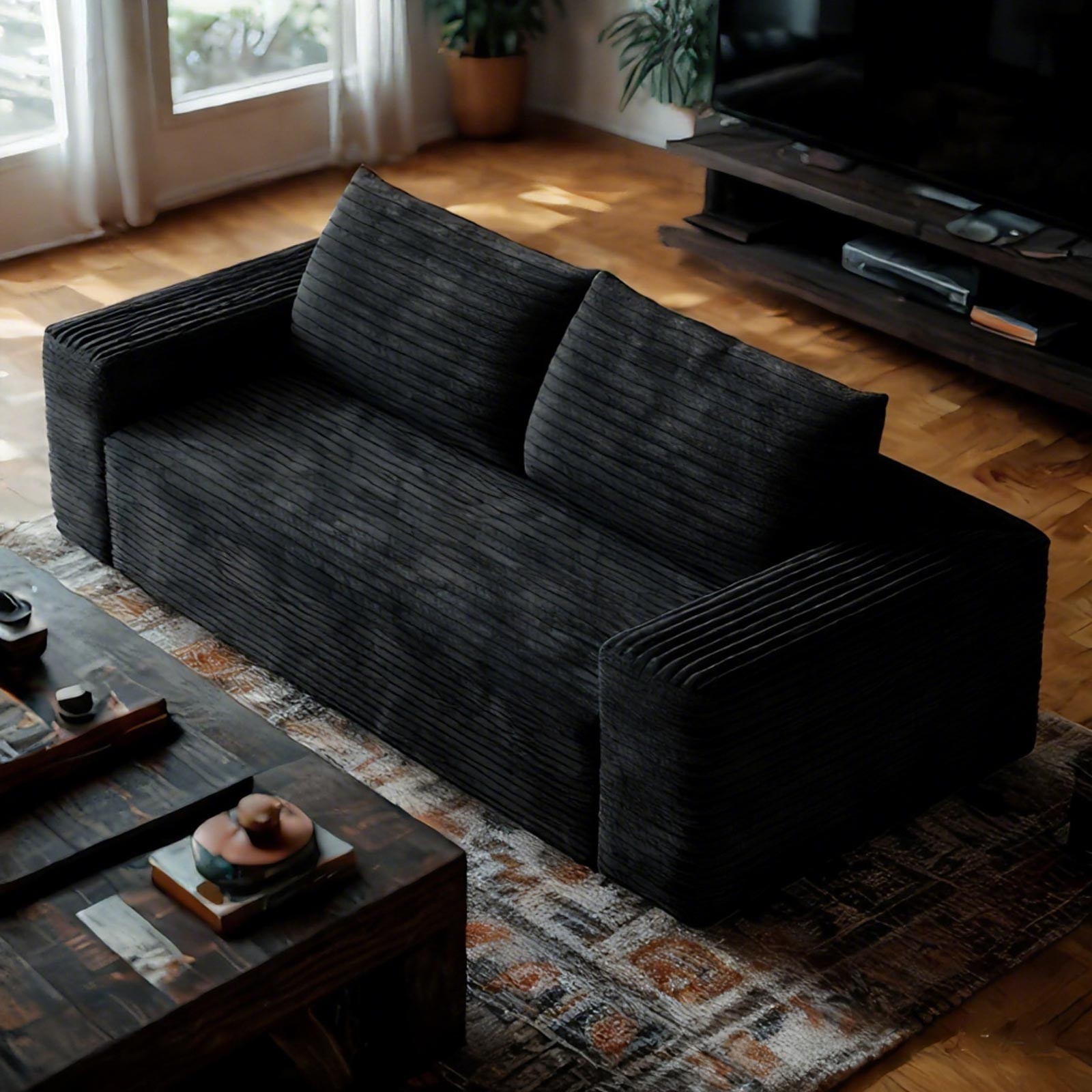 63" Boneless couch Loveseat Sofa Comfy Deep Seat Modern w/Black Plush Fabric gallery