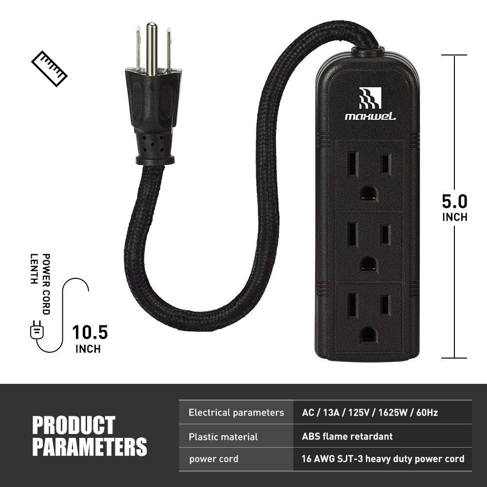 Power Strip Wall Mountable - ETL Listed 3 Grounded Outlets 10 Inch Black gallery