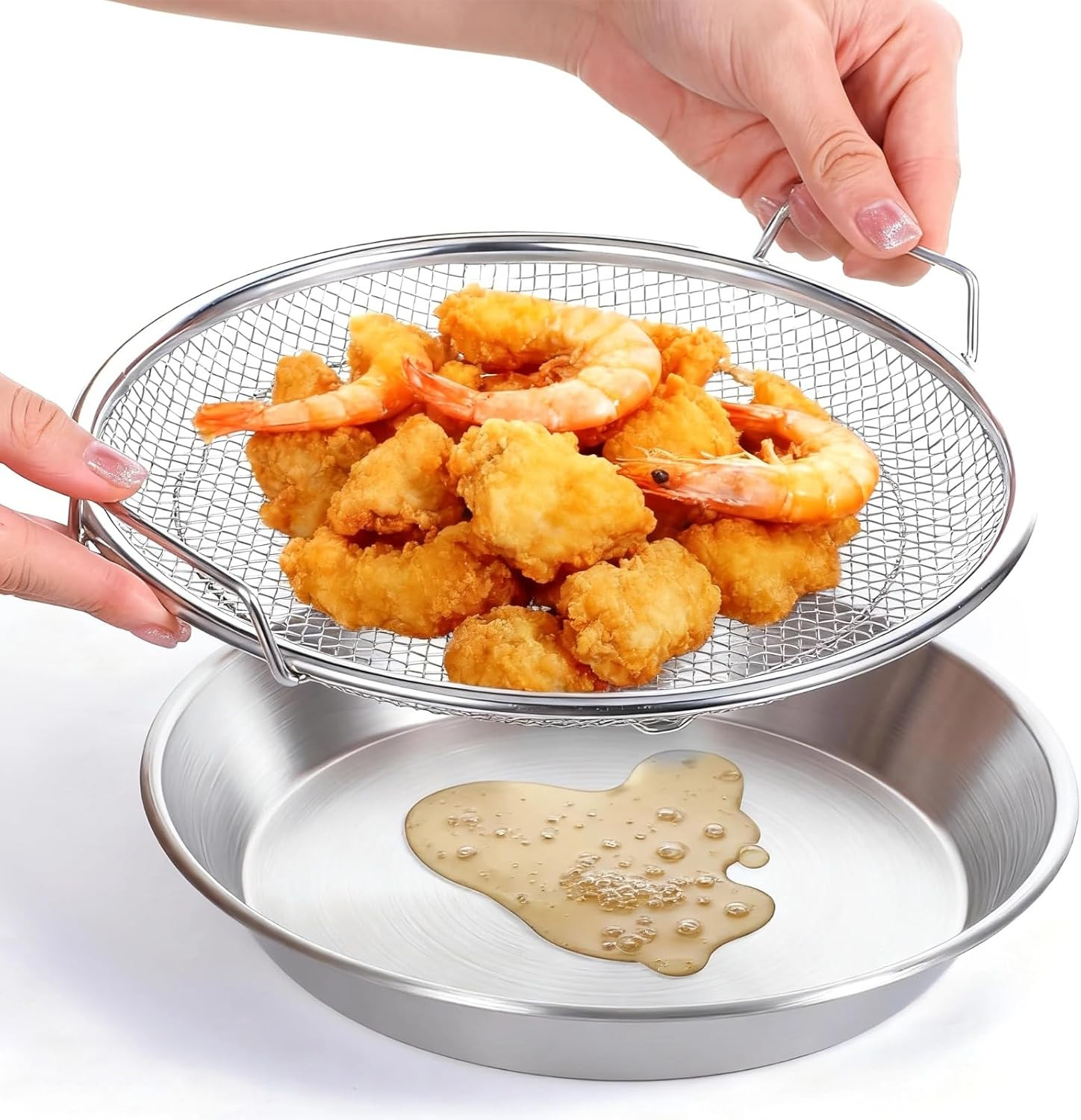 2Pcs Stainless Steel Mesh Tray Set with Drip Pan,Air Fryer Basket and Tray,Drain gallery