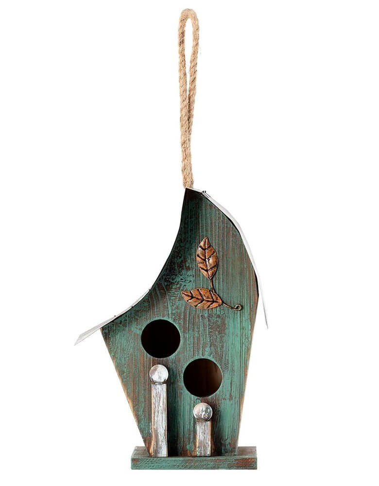 Birdhouse 12" Turquoise Hanging with hinged metal roof gallery