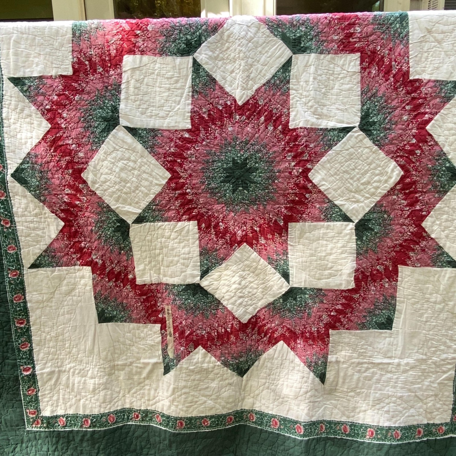 Handmade Lone Star Patchwork Quilt Pink Green Floral Hand Quilted Full Sz 86x94 gallery