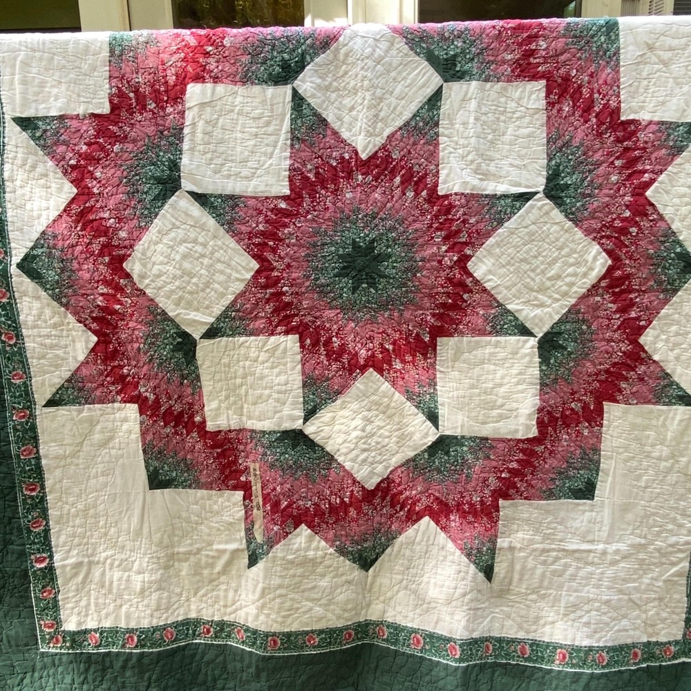 Handmade Lone Star Patchwork Quilt Pink Green Floral Hand Quilted Full Sz 86x94