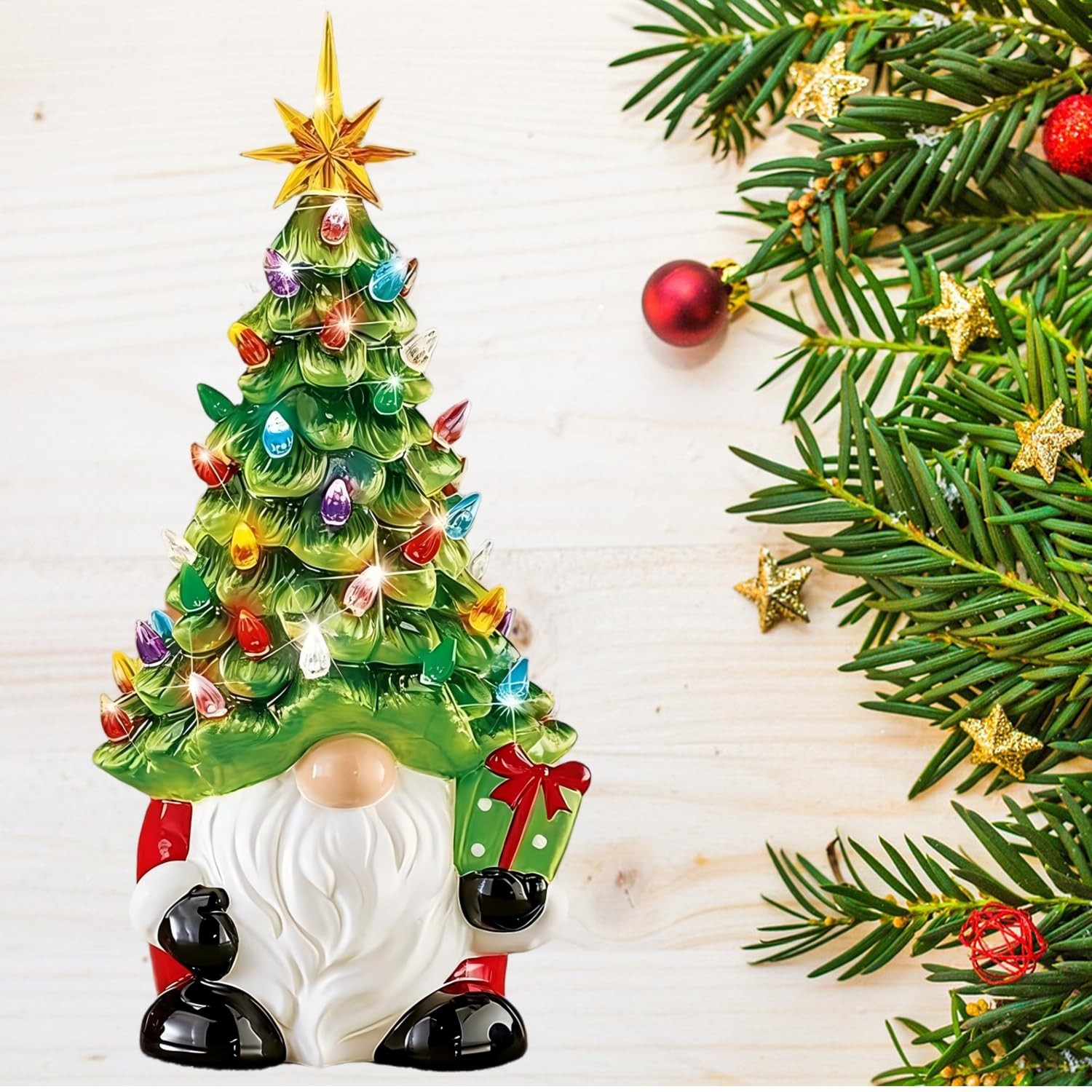 Lighted Christmas Gnome Tree, 8 Inch Faceless Old Man Ceramic Decor with Mult... gallery