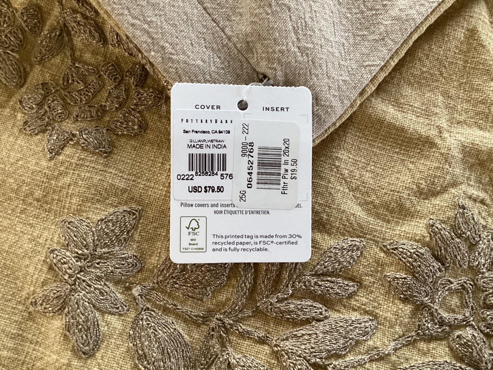 Pottery Barn Gillian Embroidered Pillow Cover 20" straw yellow neutral BOHO NEW gallery