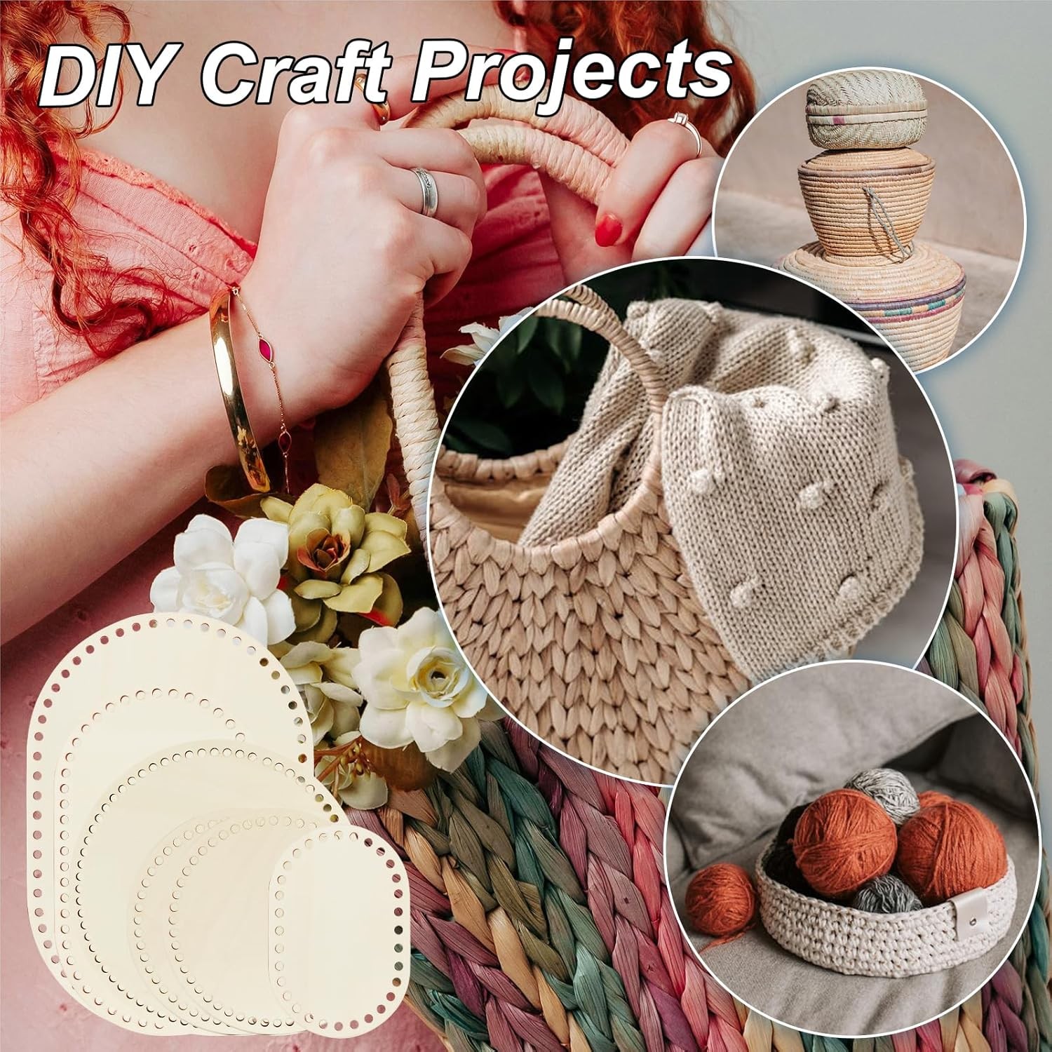 6 Pack Wooden Basket Base Set Oval and Round Crochet Bottoms for DIY Knitting gallery