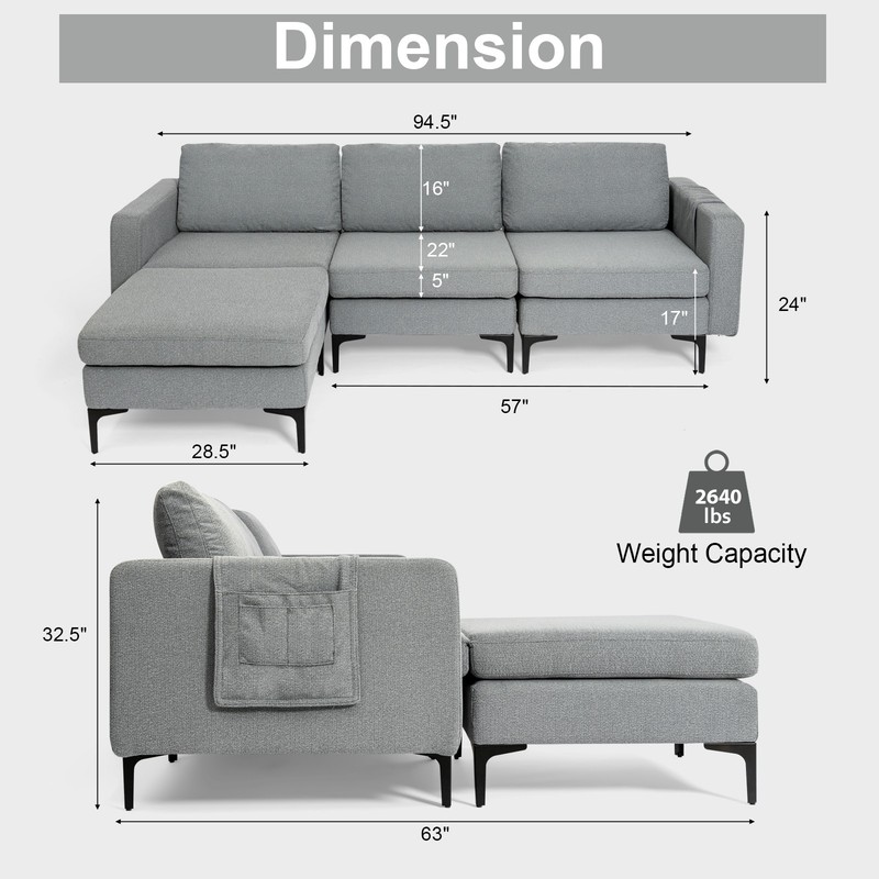 Modular L-shaped Sectional Sofa w/Overstuffed Backrest & Thick Cushion Dark Grey gallery