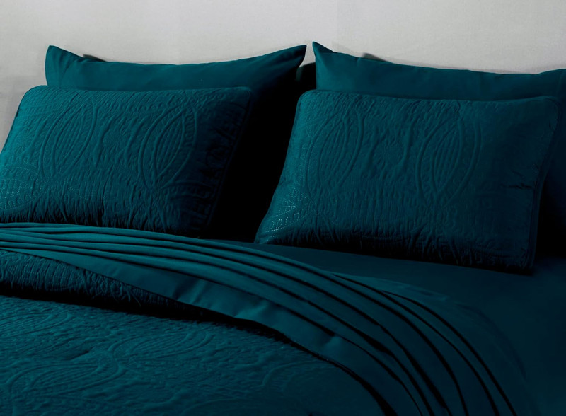 Liam Teal Queen Size Comforter Set - 7 Pieces Coin Pattern Bed in a Bag with Com gallery