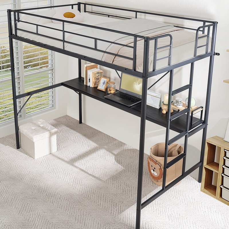 Twin Size Metal Loft Bunk Bed Frame for Kids Teens Adults with Desk Underneath gallery