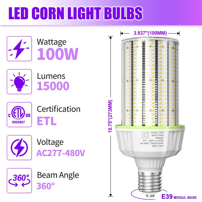 5X 100W LED Corn Light Warehouse Bulb,E39 Mogul Base 5000K Daylight,AC 277V-480V gallery