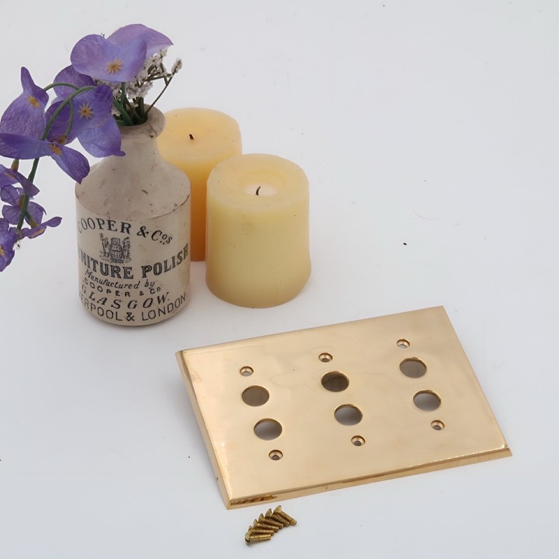 Triple Three Gang Brass Push Button Switch Plate - Cast Thick Antique Style gallery