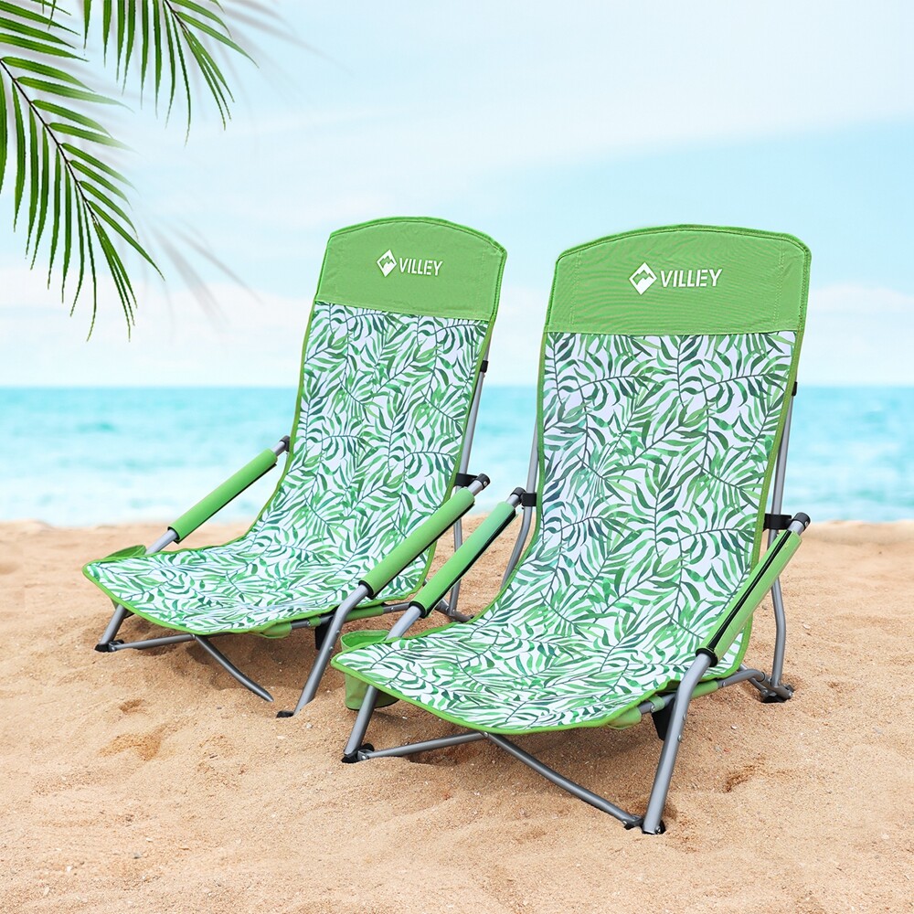 VILLEY 2-Pack Folding Beach Chair High Back Low Beach Chair Carry Bag Cup Holder gallery