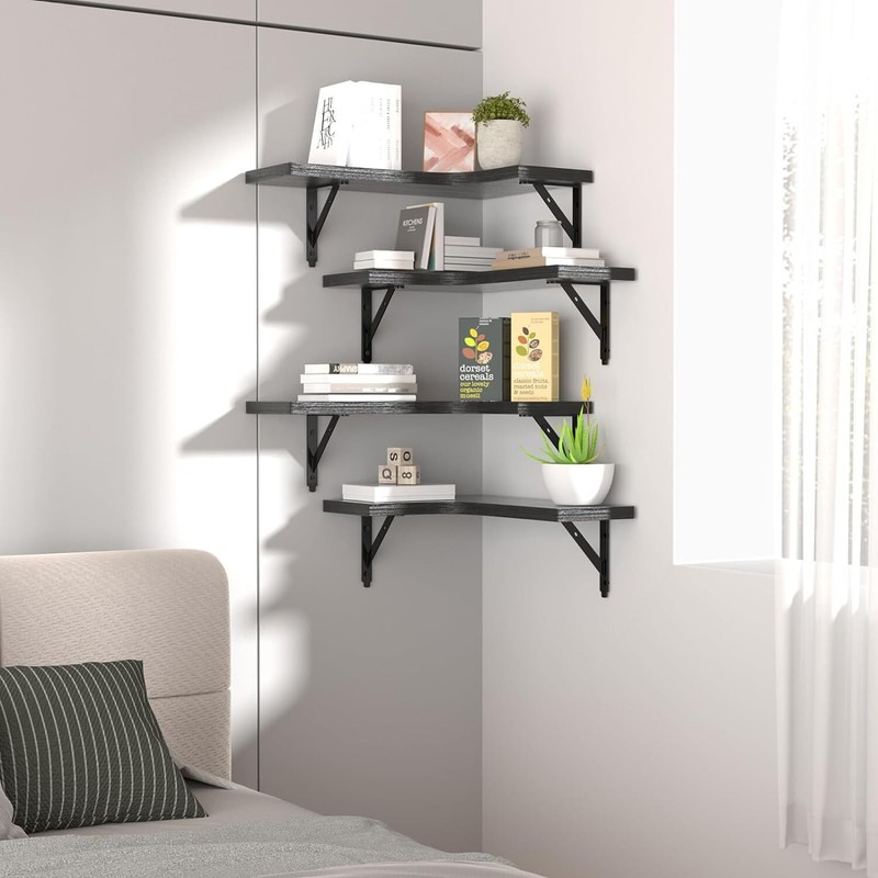 ROMGUAR CRAFT Corner Floating Shelves Wall Mounted Set of 4, Rustic Wood Storage gallery