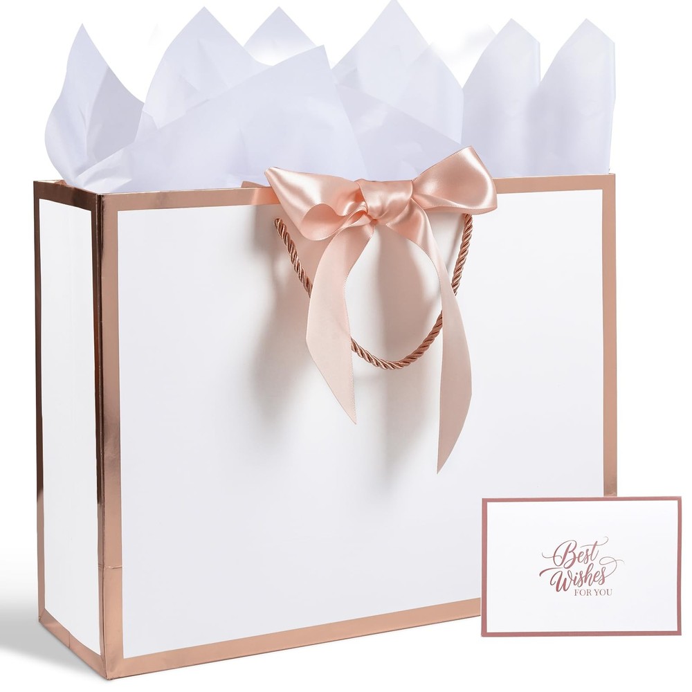 13" Medium Gift Bag with 1 Count (Pack of 1), I-white rose gold