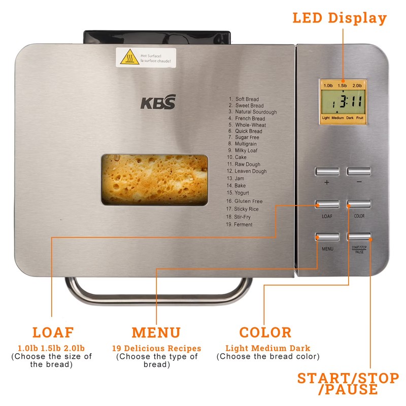 KBS 19-in-1 Bread Maker, 2LB, 710W, Stainless Steel gallery