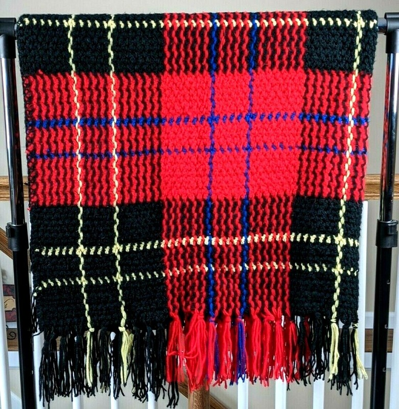 Handmade Knitted Crochet Blanket Throw Afghan Black Red 47 x 55 - 6 in Fringe gallery