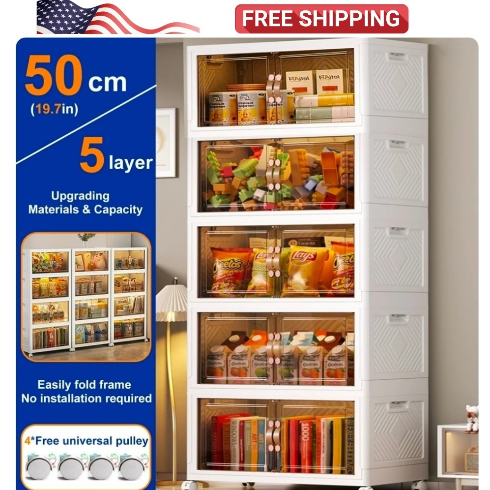5 Tier Folding Storage Box with Doors and Wheels Storage Bins with Lids Kitchen gallery