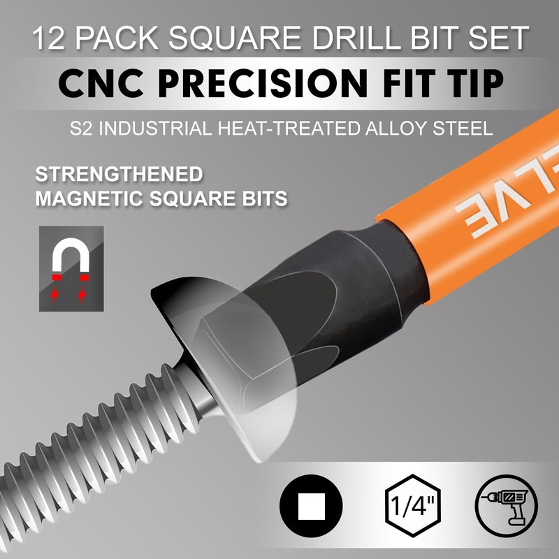 12-Pack Square Drive Bits- PREMIUM S2 Alloy Steel Square Bit Set Magnetic Hea... gallery