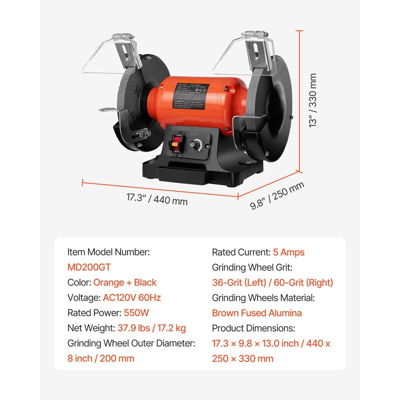 Uimoso 8-Inch Variable Speed Bench Grinder, 2000-3450 RPM, 550W, 5A Power gallery