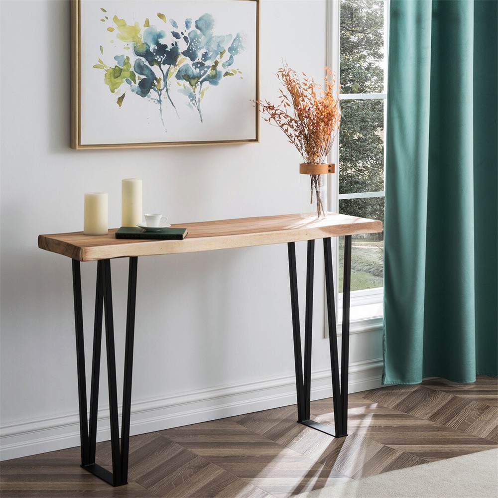 Rustic Natural Wood Rectangle Console Table with Metal Legs Sturdy Hand Made
