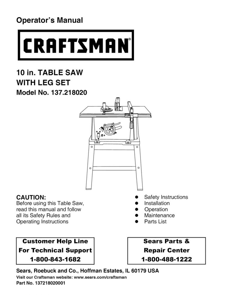 Craftsman 137.218020 Table Saw Owners Instruction Manual gallery