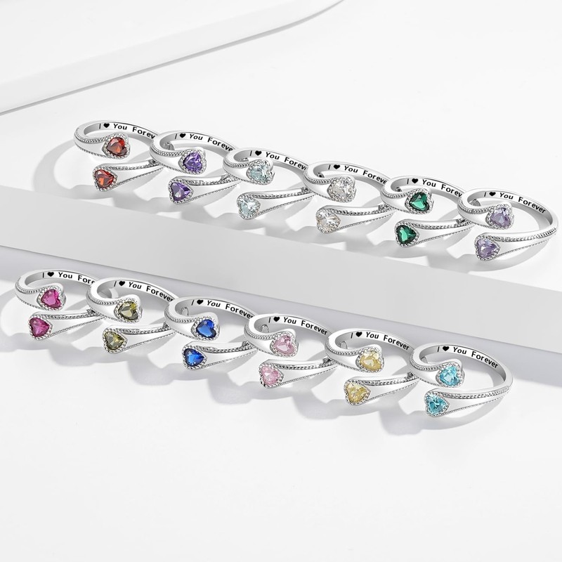 925 Sterling Silver Adjustable Heart Birthstone Rings for Women Open Double L... gallery