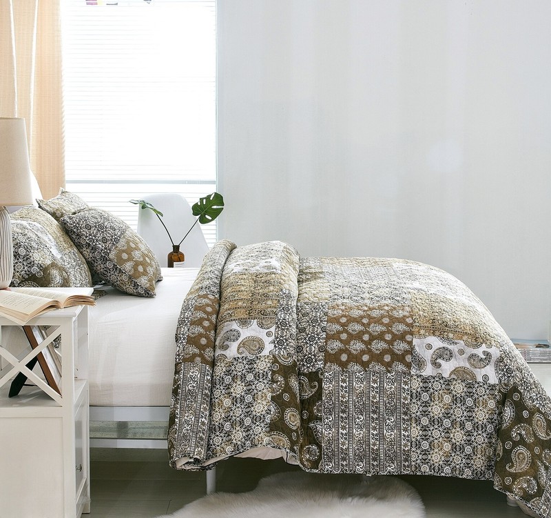 DaDa Bedding Bohemian Patchwork Paisley Floral Olive Green Brown Bedspread Set gallery